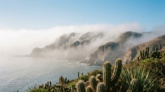 Vista panorámica del farellón costero en el norte de Chile, con una densa capa de camanchaca cubriendo los cerros y cactus Copiapoa en primer plano bajo un cielo despejado
