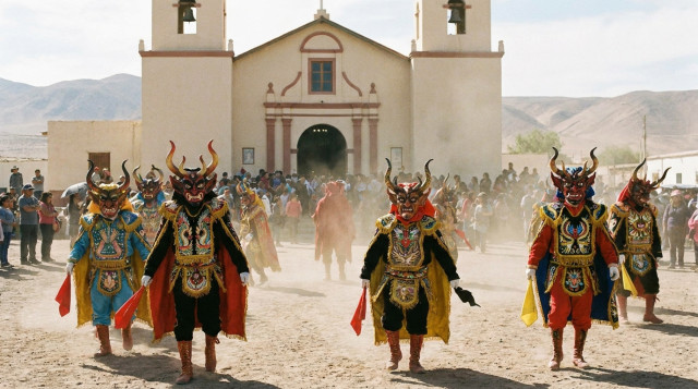 Bailarines de la Fiesta de La Tirana con máscaras de diablo y trajes coloridos frente al santuario en el desierto