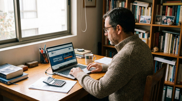 Un contribuyente chileno revisando su computador con el sitio web del SII abierto y una calculadora, representando el proceso de Operación Renta