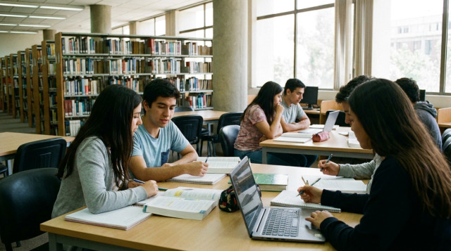 Un grupo de estudiantes chilenos revisando temarios de la PAES en una biblioteca con libros y computadores