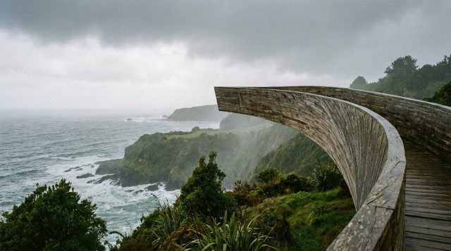 Paisaje del Muelle de las Almas en Chiloé con acantilados verdes y el océano Pacífico de fondo bajo un cielo nublado
