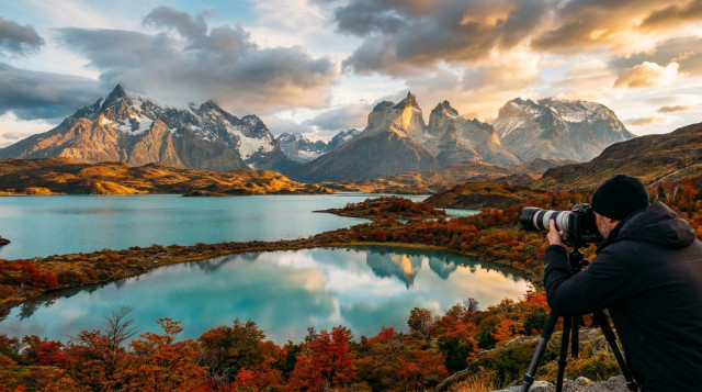 Vista panorámica del Macizo Paine desde el Mirador Cuernos con el Lago Nordenskjöld en primer plano, destacando qué hacer en las Torres del Paine para fotógrafos