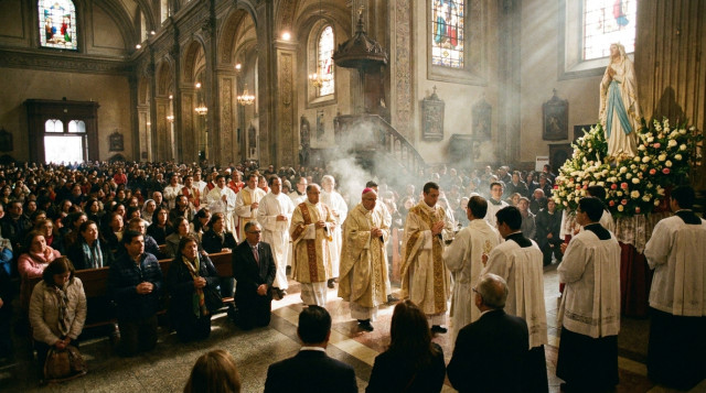 Fieles chilenos participando en una misa solemne por el feriado del 15 de agosto en la Catedral Metropolitana de Santiago