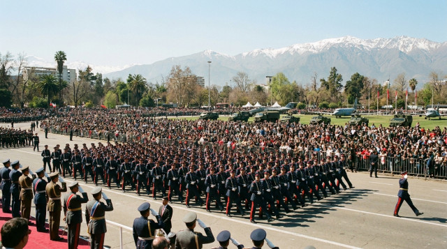 Gran Parada Militar en el Parque O'Higgins con la elipse llena de público y soldados desfilando frente a las autoridades