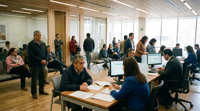 Oficina de atención de una Caja de Compensación en Chile con trabajadores consultando sus beneficios sociales