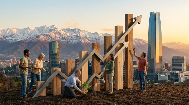 Un gráfico de crecimiento financiero sobre un fondo de la Cordillera de los Andes y edificios modernos de Santiago, representando la inversión en fondos mutuos en Chile