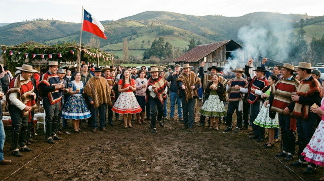 Un grupo de personas jugando a la rayuela en una cancha de barro durante una celebración de Fiestas Patrias en el campo chileno