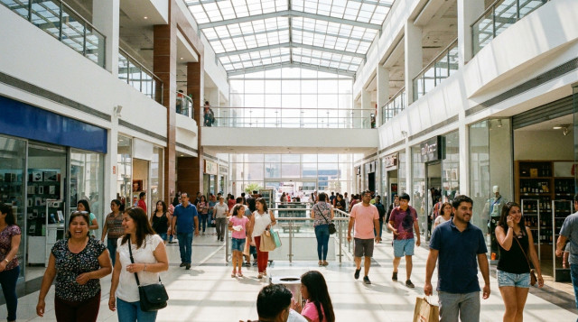 Interior del Mall Zofri en Iquique mostrando la variedad de tiendas y el flujo de visitantes en el centro comercial exento de impuestos