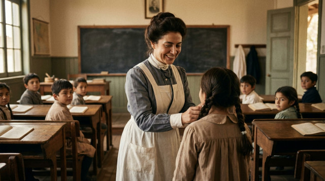 Retrato histórico de Eloísa Díaz con uniforme médico de la época, rodeada de niños en una escuela pública chilena de principios del siglo XX