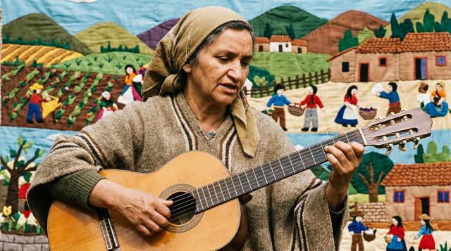 Retrato artístico de Violeta Parra tocando la guitarra con un fondo de arpilleras coloridas y paisajes del campo chileno