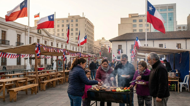 Plaza de la ciudad con banderas chilenas ondeando al amanecer, mesas de fonda y una familia preparando un asado en primer plano, texto superpuesto pequeño: