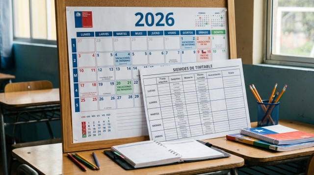 horario escolar sobre un calendario con fechas marcadas de 2026 y colores que señalen feriados relevantes