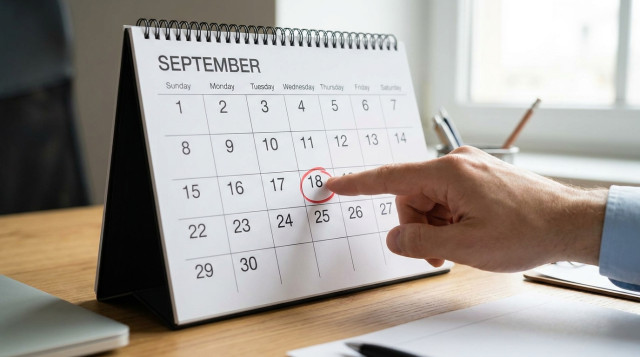 calendario de septiembre abierto en primer plano con marcación visible en rojo en el 18 de septiembre y una mano señalando el día, iluminación natural, estética editorial clara