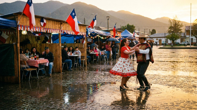 celebración de Fiestas Patrias en una plaza regional chilena al atardecer con ramadas, cueca en primer plano y familias locales participando