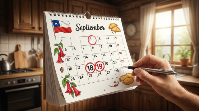calendario de pared con marcación de feriados fijos en rojo, enfoque en 18 y 19 de septiembre y 1 de mayo, texto alternativo 'fechas fijas del calendario chileno'