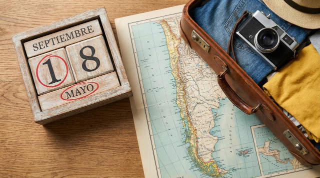 calendario impreso sobre madera con marca en 18 de septiembre y 1 de mayo, mapa de Chile y una maleta al lado — vista cenital