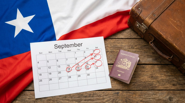 mesa con calendario de papel marcado en septiembre, pasaporte y maleta pequeña, sobre fondo de bandera chilena, vista aérea, alta resolución