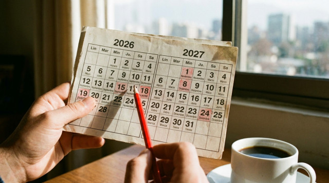 calendario de mano marcado con feriados chilenos 2026 y 2027, lápiz rojo señalando los días puente