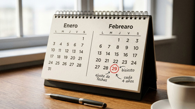primer plano de calendario de escritorio con páginas de enero y febrero abiertas, marcando el 29 de febrero con un círculo rojo y notas alrededor que indiquen 'bisiesto' y flechas