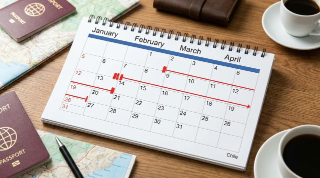 calendario de mesa abierto mostrando enero a abril con marcadores rojos que destaquen el largo tramo sin feriados, estilo fotográfico, texto alternativo 'tramo sin fechas señaladas
