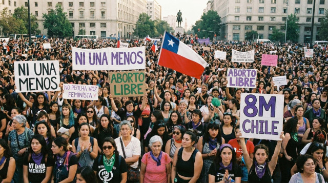 manifestación del 8 de marzo en una plaza chilena, pancartas con consignas feministas y diversidad de edades, enfoque amplio de la multitud con bandera nacional visible en segundo