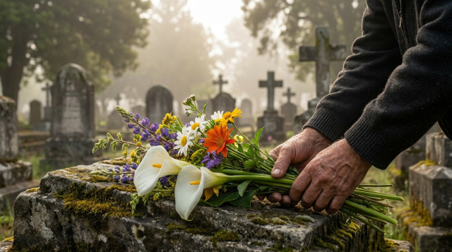 detalle de manos colocando flores en un cementerio de Chile en la mañana del 1 de noviembre, enfoque en flores y lápidas con luz suave