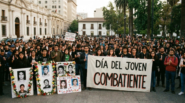 manifestación pacífica con velas en una plaza chilena al atardecer, foco en carteles con fotos de jóvenes y guirnaldas de flores, palabra clave 'Día del Joven Combatiente' visible