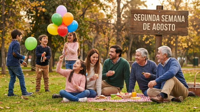 familia chilena celebrando al aire libre en un parque durante el Día del Niño, globos y juegos, segunda semana de agosto