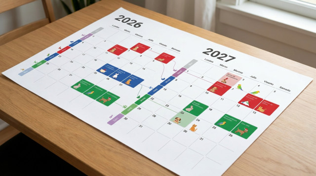 tabla visual con calendario de 2026 y 2027 resaltando con colores las secuencias de feriados y las repeticiones del mismo día de la semana, estilo infográfico limpio con iconos de
