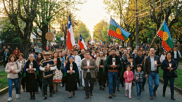 procesión de Semana Santa en Temuco con fieles caminando por una calle arbolada, banderas y velas, luz de tarde, enfoque en diversidad de participantes y presencia de símbolos mapu